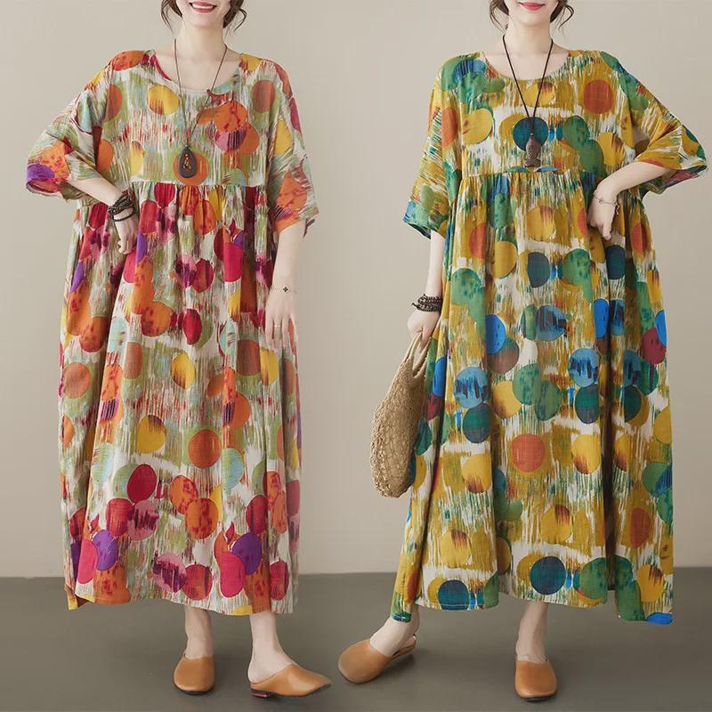 Boho dlhá sukňa letné šaty: Plus Size, Okrúhly výstrih, Krátky rukáv, pre ženy stredného a staršieho veku.