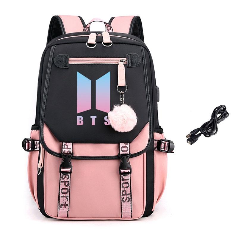Uroczy plecak BTS z tkaniny Oxford z ładowaniem USB, idealny dla uczniów szkół podstawowych i średnich, pojemność 20-35 l