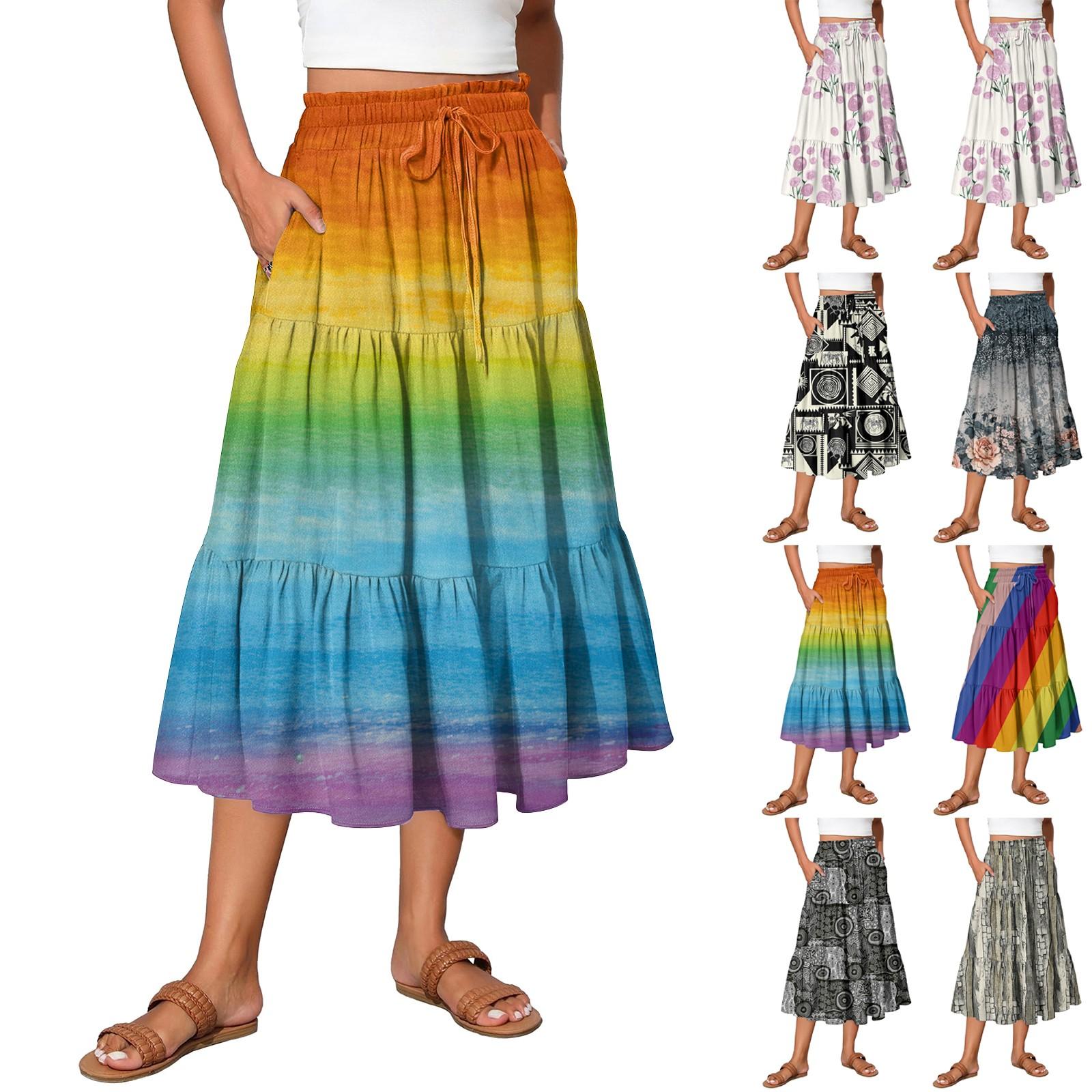 

Жіноча максі-спідниця на кулісці з високою посадкою, літня довга спідниця, легка ярусна спідниця, що струмує, з квітковим принтом, плісирована спідниця XL жовтий