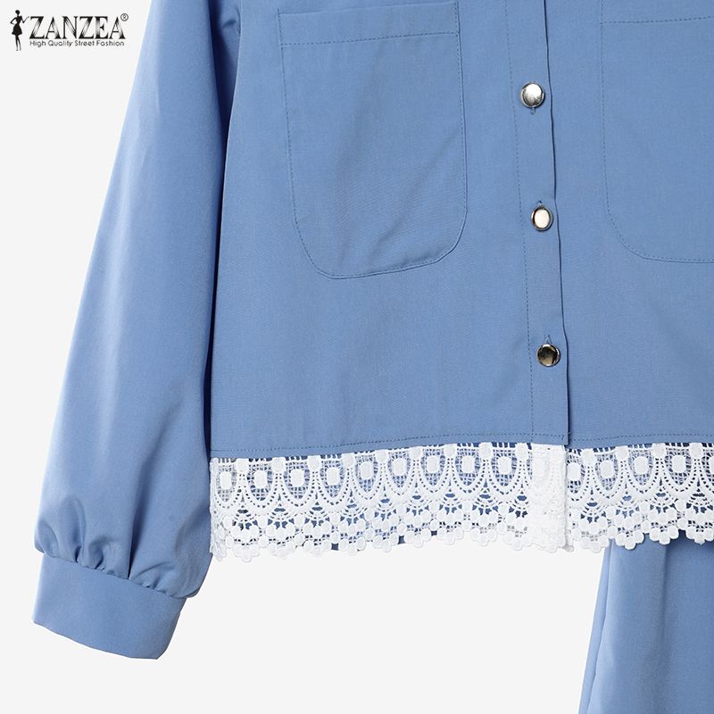 ZANZEA Ensembles Deux Pièces Élégants pour Femmes : Blouse à Manches Longues Bordée de Dentelle et Longues Jupes