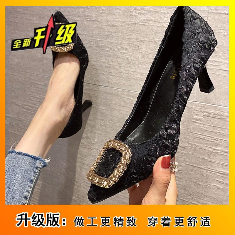 2025 Autumn New Korean Version Pointed Square Buckle Sexy Single Shoes Women's Fashion Thin Light Mouth Stiletto High Heels Women