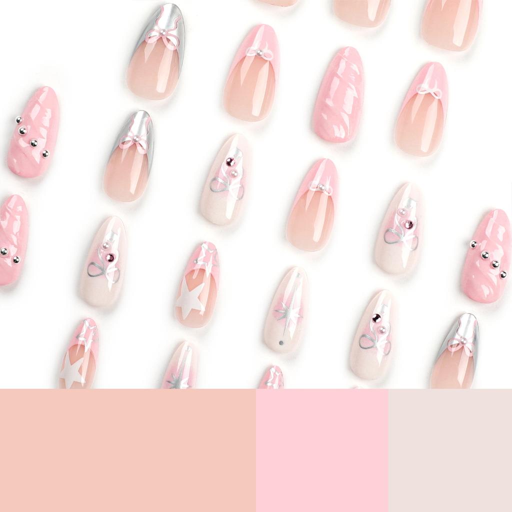 24 Pieces European and American French Wearing Nail Pads 3D Pink Fake Nail Art Patches Removable 24 Nail Pads