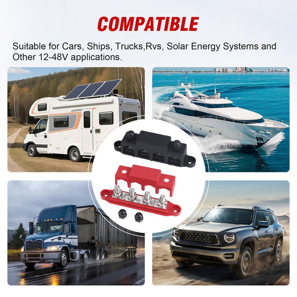Bus Bar 12V-48V 250A Power Distribution Block 4 Posts Junction M8 M10 For Marine Automotive Copper Battery Busbar Terminal Block