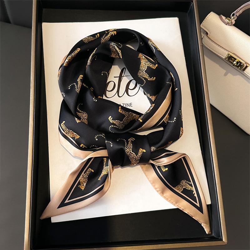 Gold Color Leopard Pattern Small Silk Scarves Long Narrow Silk Feel Double-Sided Scarf for Women Lady Headband Shawl Hairband