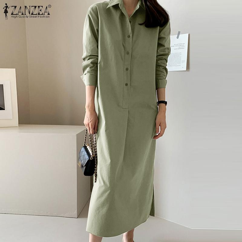 

ZANZEA Женское свободное повседневное осеннее платье-рубашка с длинным рукавом и отложным воротником