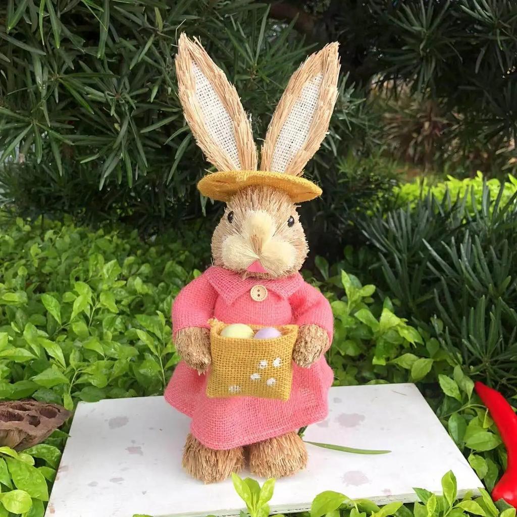 35cm Easter Bunny Decoration Cattail Craft Ornament Cute Rabbit Figure for Home Table Decor Spring Festival Ornament Gift
