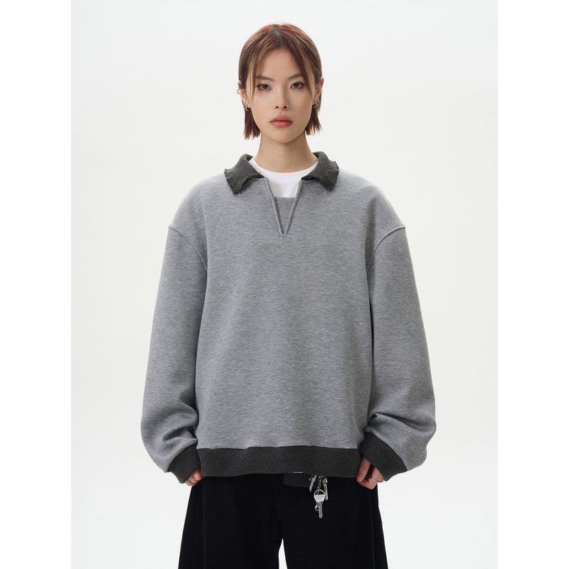 Kisko High-End Retro Patchwork Color-Block V-Neck Pullover Sweatshirt for Men and Women, Simple Casual Cleanfit Top Trendy