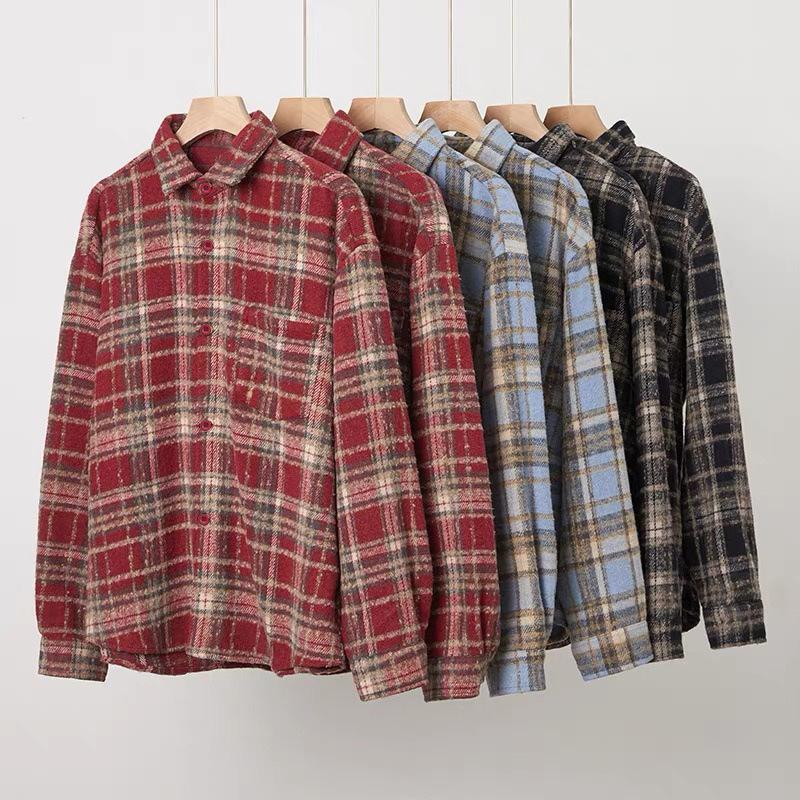 New retro woolen polished plaid shirt jacket women's lazy style loose casual versatile and thin lapel shirt