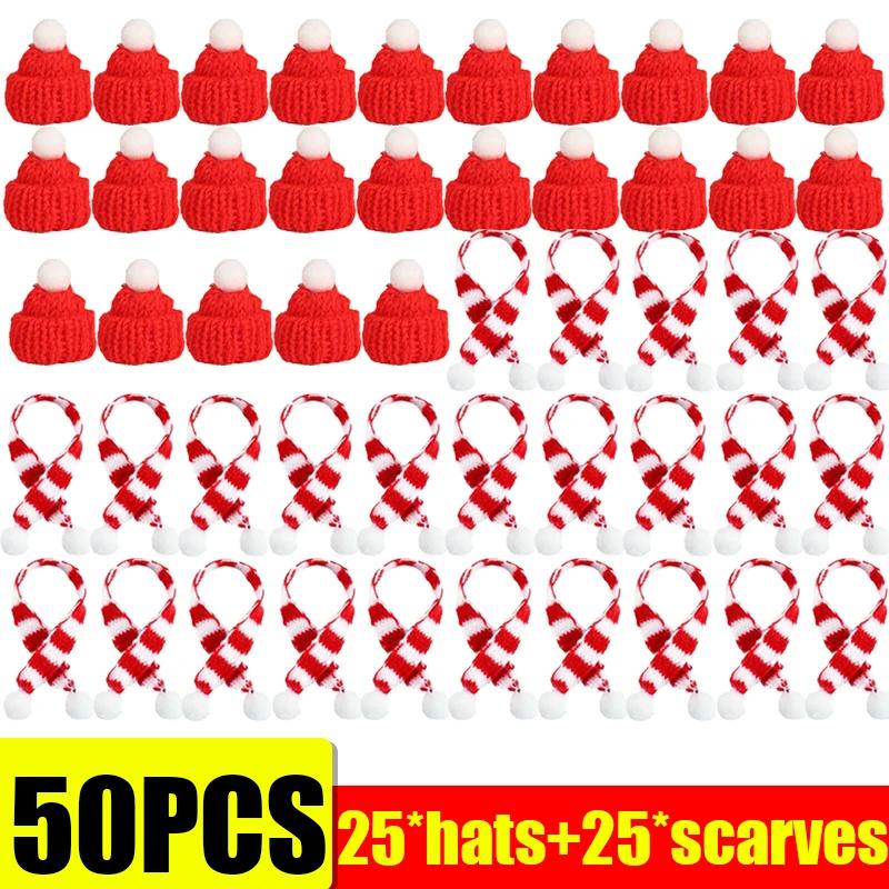 10/50PCS Mini Knitted Santa Hat Scarf Red Christmas Doll Accessories Wine Bottle Cover DIY Craft Xmas Tree Holiday Decoration