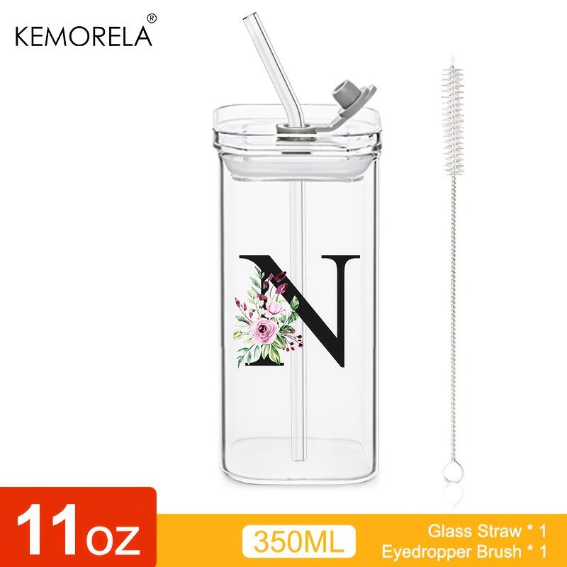 1 STÜCK 24 Buchstabenförmige Glastrinkbecher mit Deckel und Strohhalm Kaffeebecher 300ML Klarer quadratischer Trinkbecher für Kaffee Bier Milch