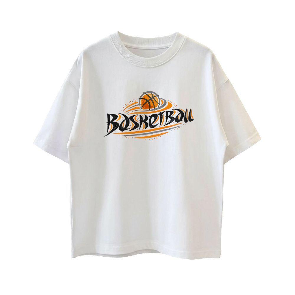 100% Pure Cotton Boys' Summer Basketball Print Short Sleeve T-Shirt - Loose Fit White Sport Top