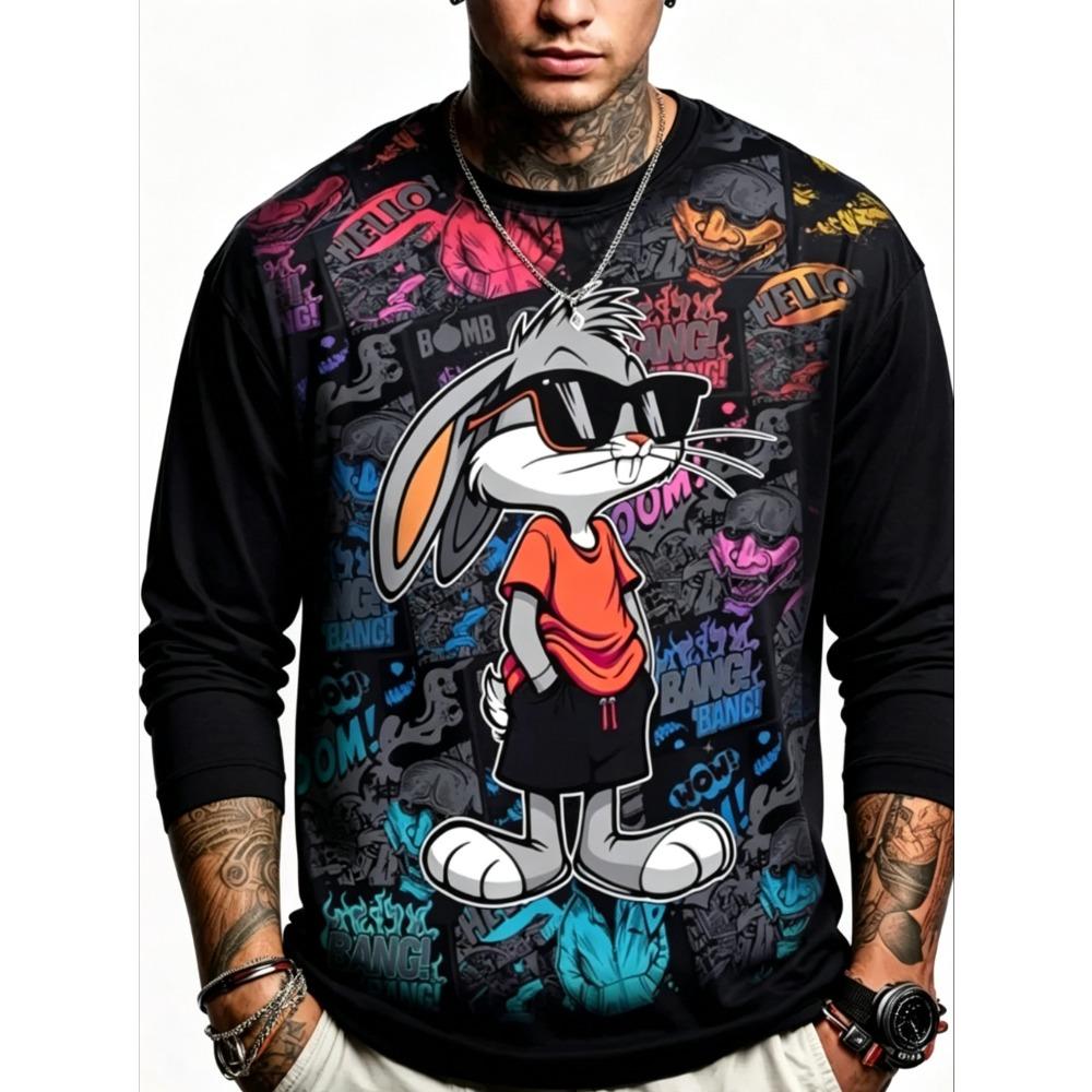 Autumn Round Neck Fashionable Versatile Leisure 3D Long Sleeved T-shirt Fun Cartoon Animal Printed T-shirt Men Loose Large T-shirt