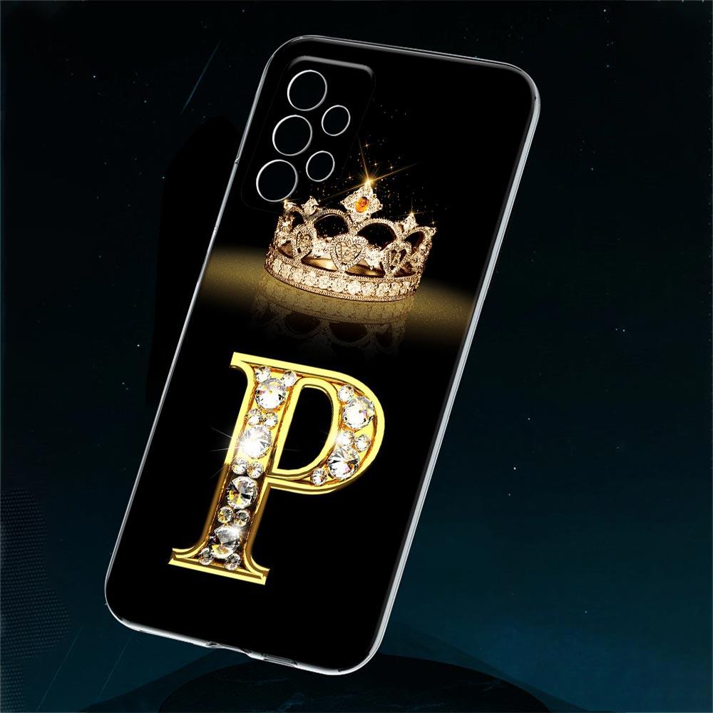 Diamond Crown Initials Letter N T Z P Case For Samsung Galaxy A55 A35 A06 A52 5G A53 A72 A53 A15 A51 A33 A32 A41 A23 Phone Cover