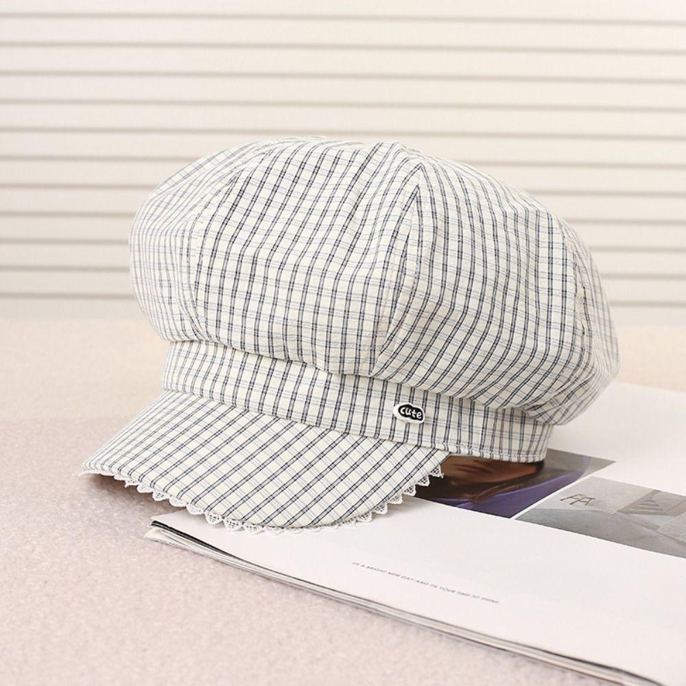 Thin Plaid Berets Spring Summer Octagonal Hat Korean Newsboy Caps  for Women
