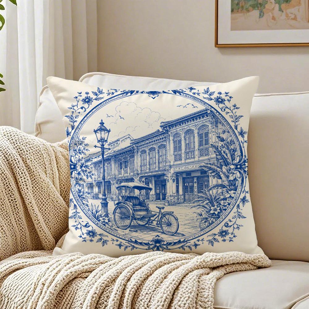 Singapore Vintage Cityscape Cushion Cover Breathable Short Plush Cushion Covers Machine Washable Wrinkle-Resistant Soft Durable