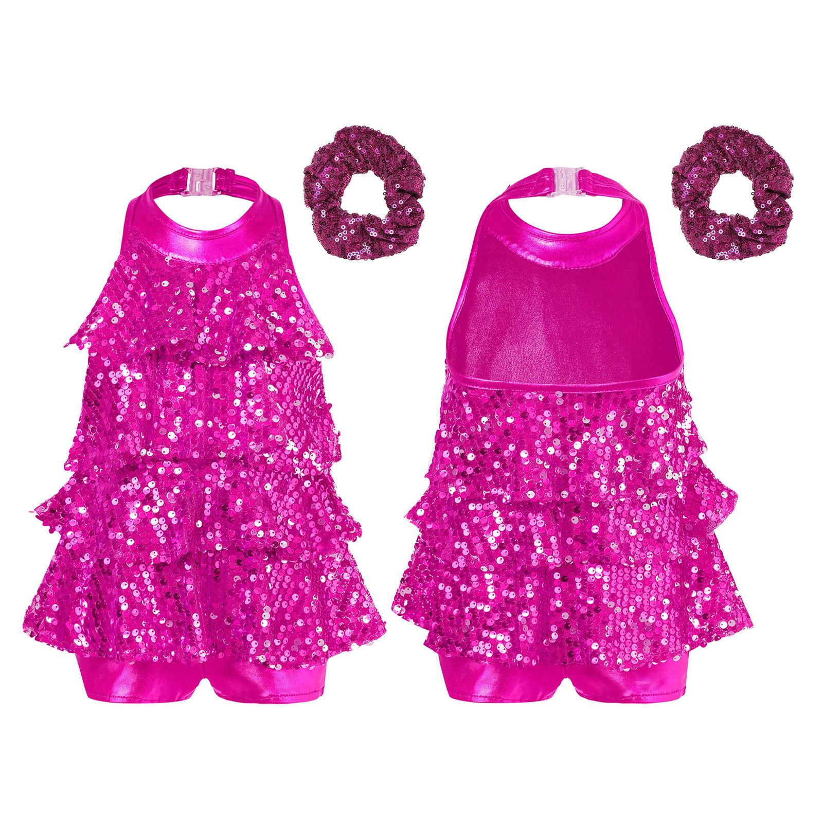 

Блискуче танцювальне купальник для дівчаток із блискітками та гумкою для волосся Джазовий латиноамериканський танцювальний костюм 15-16 Years Яскраво-рожевий