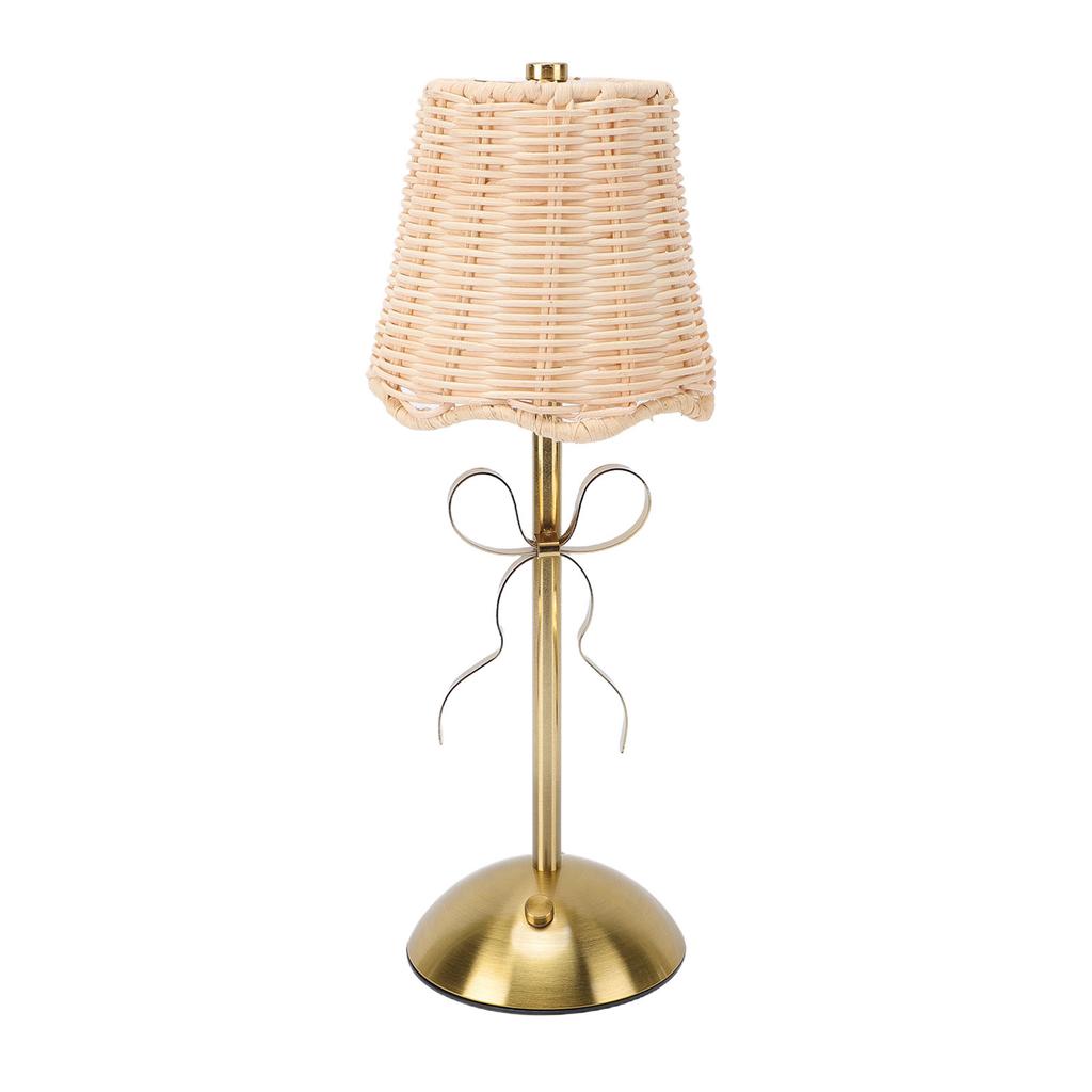 Kabellose Rattan-Bogenlampe, USB-wiederaufladbar, Vintage-Gewebe-Tischlampe mit Metallfuß für Schlafzimmer