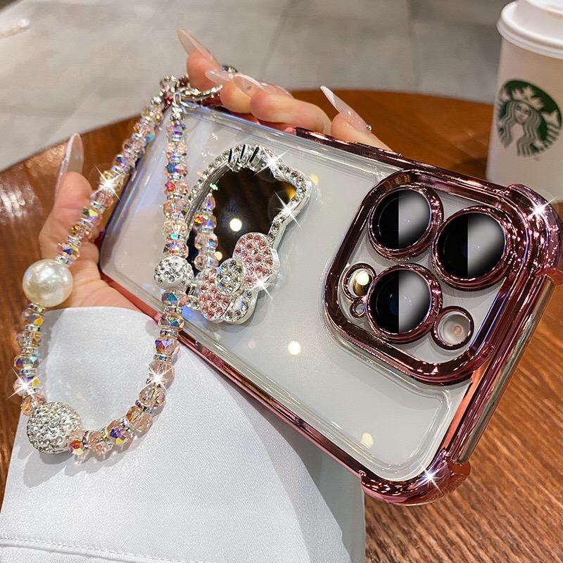 3D Kitty Mirror Electroplate Shockproof Phone Case for Samsung Galaxy A17 A55 A35 A15 A05 A24 A54 A14 A13 A52 A51 With Bracelet