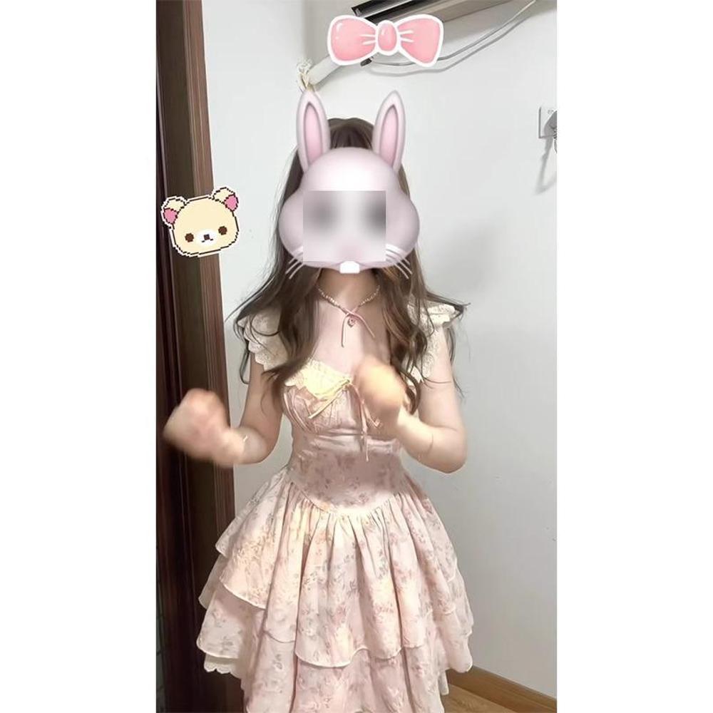 Waist puffy skirt cherry blossom weaving flower feather gentle floral dress sweet little flying sleeve princess cake skirt girl summer