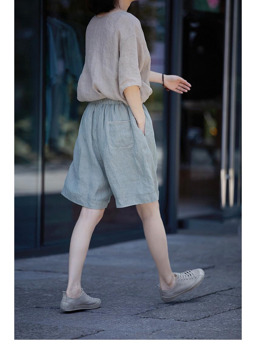 

Summer 2023 Women s Casual Cotton Linen Shorts with Fine Stripes & Elastic Drawstring Waist