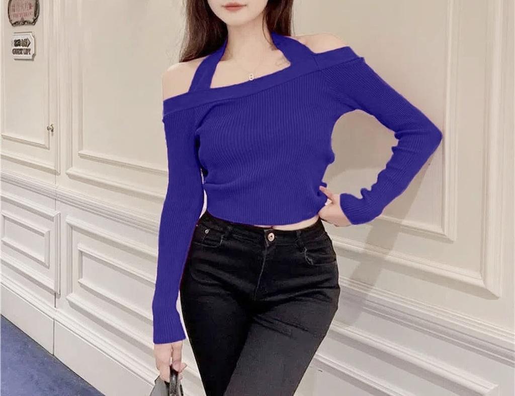 Plus Image Long Sleeve Strap Shoulder Knit Size F Women's Top, Blue,