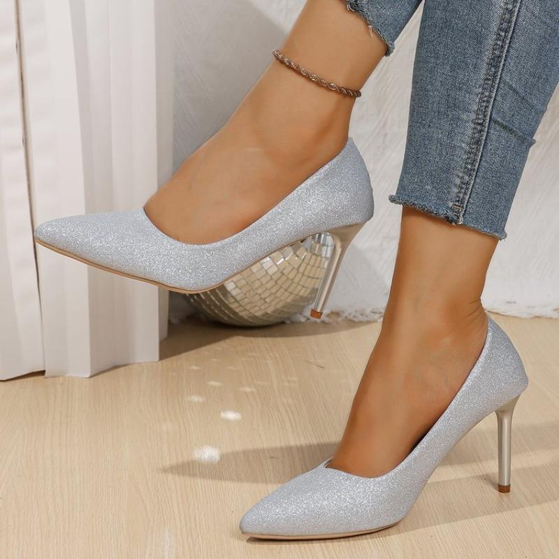 Fashion Style Two-Way Bridal High Heels Women's Thin Heel Silver Crystal New 2026 Spring Autumn Pure Color Shoes