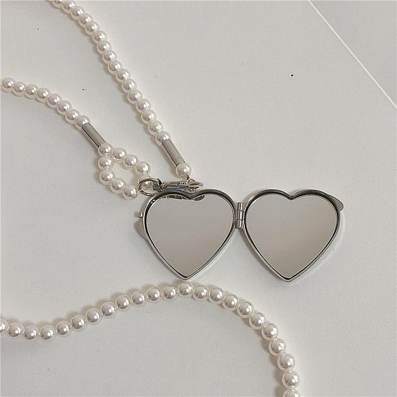 1pc Personality Long Necklace with Big Mirror Heart Pendant Women Pearl Shoudler Chain Jewelry Fashion