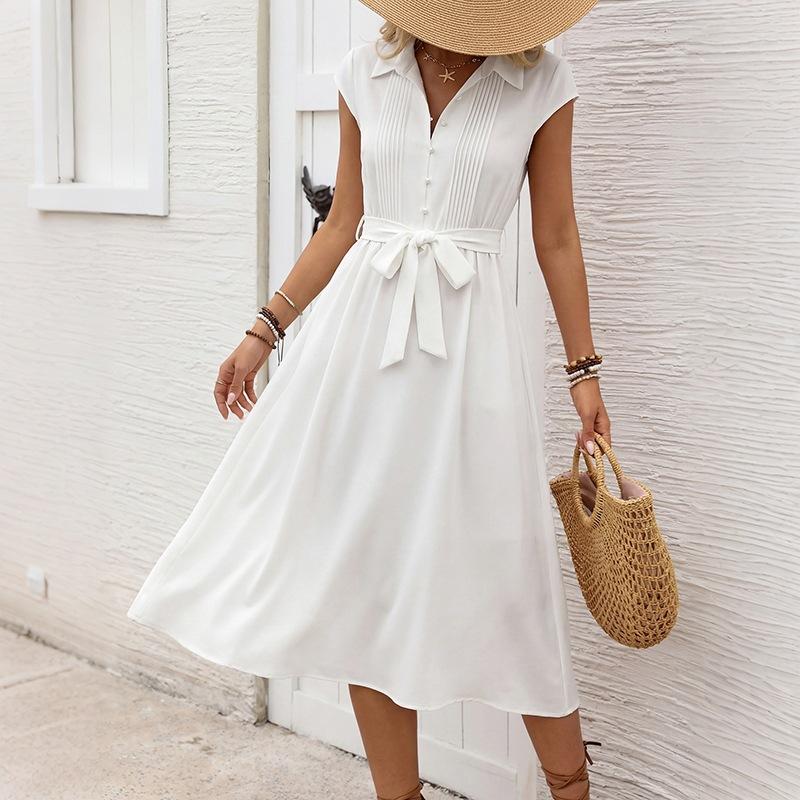 

TIFICY Women s Fashion Summer Spring Solid Color Print Short Sleeve POLO Neck High Waist Casual Dresses XL білий