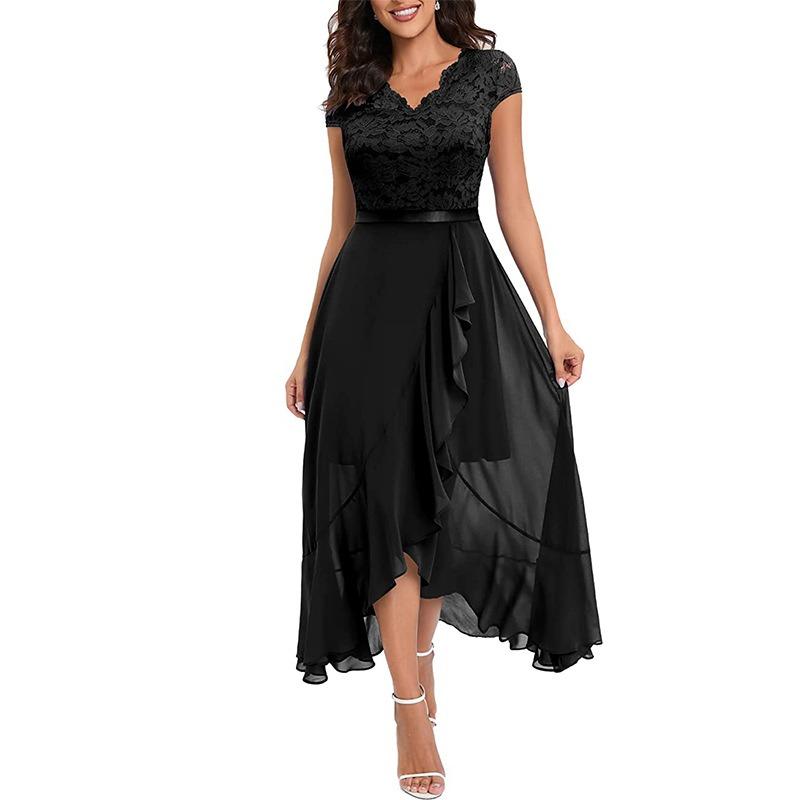 JPNTKY Fashion Summer Spring Solid Color Print Short Sleeve V-Neck Casual Dresses