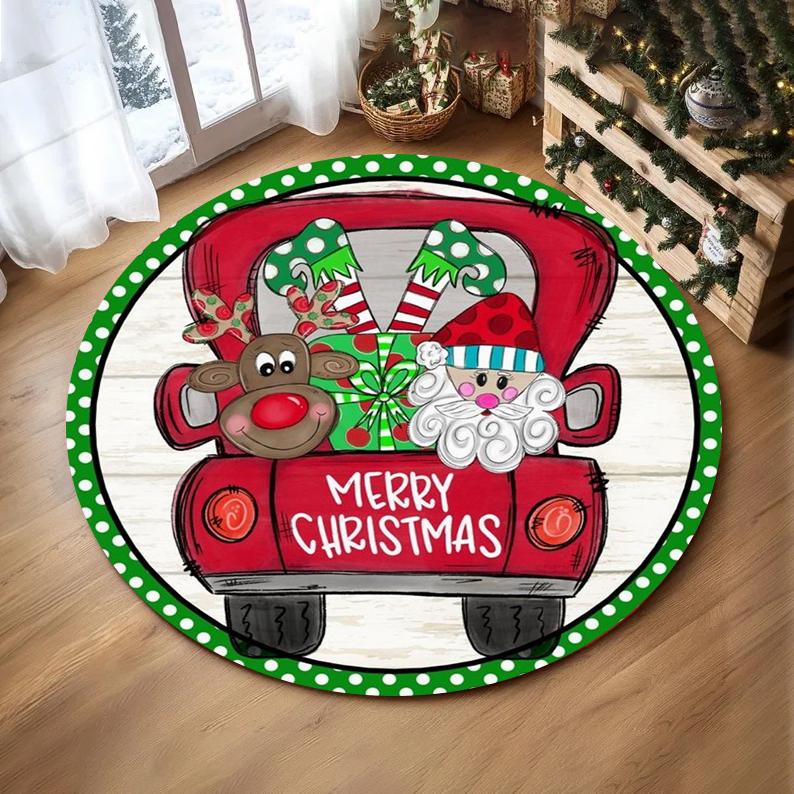 Christmas Ornaments Round Rug Merry Christmas Santa Rudolph Riding Home Mat  Living Room Decor Sofa Rug Festival Event Carpet