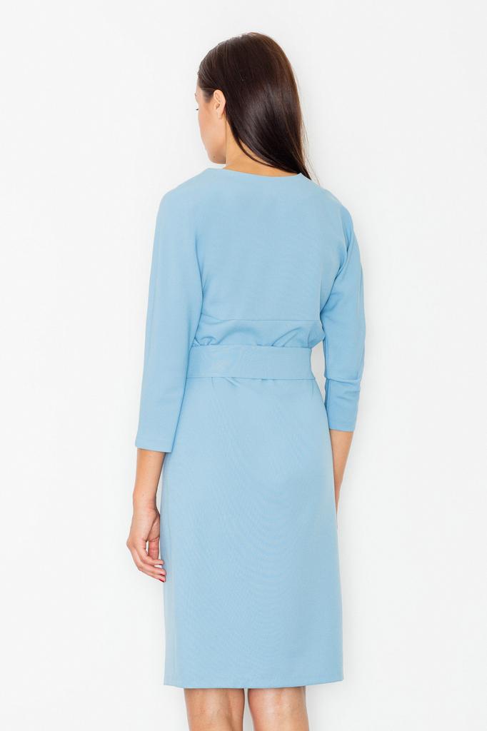 Elegant blue dress with a belt and a V-neck - M526 size