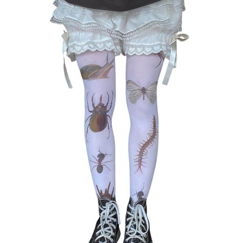Whimsy Cute Printed Opaque Tights Stockings for Women Japanese Elegant Gothic Grunge Patterned White Pantyhose Leggings