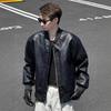 Black Handsome Baseball Collar Leather Jacket Mens Autumn Short Motorcycle Jacket