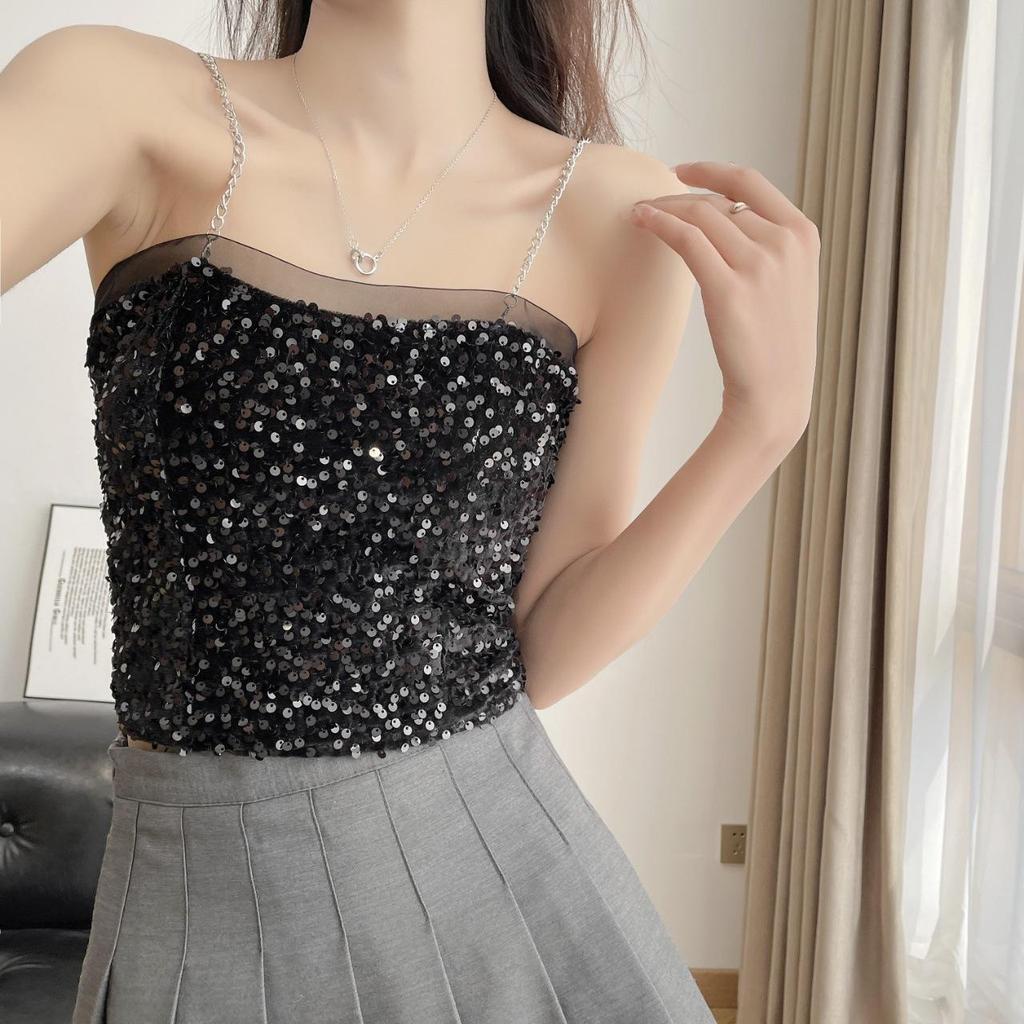 Sexy kovové retiazkové tielko Jednofarebné flitrované halterové crop topy Dámske letné tielka Bezchrbtové tielko Módne ležérne rúrkové Dámska bez rukávov skrátená vesta Y2K
