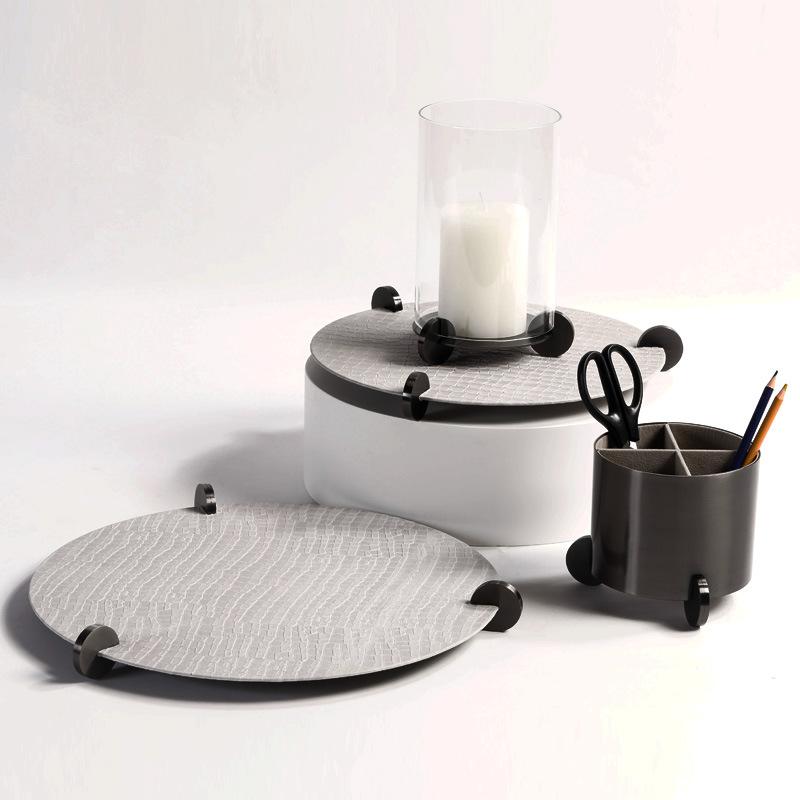 Light Luxury Gray Leather Round Tray Ornaments Sales Center Sales Office Lobby Coffee Table Tea Set Storage Tray Decoration