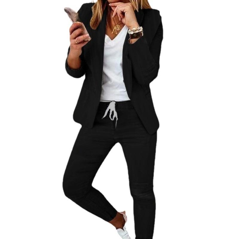 Women's Casual Khaki Suit Set Loose Fit Blazer and Pants with White V-Neck T-Shirt