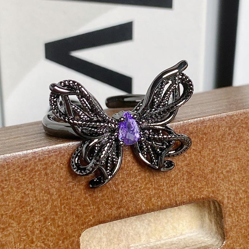 [Butterfly Purple Que] Dark Butterfly Purple Diamond Punk Personality Open Ring Spice Girls Stack Niche Design Rings