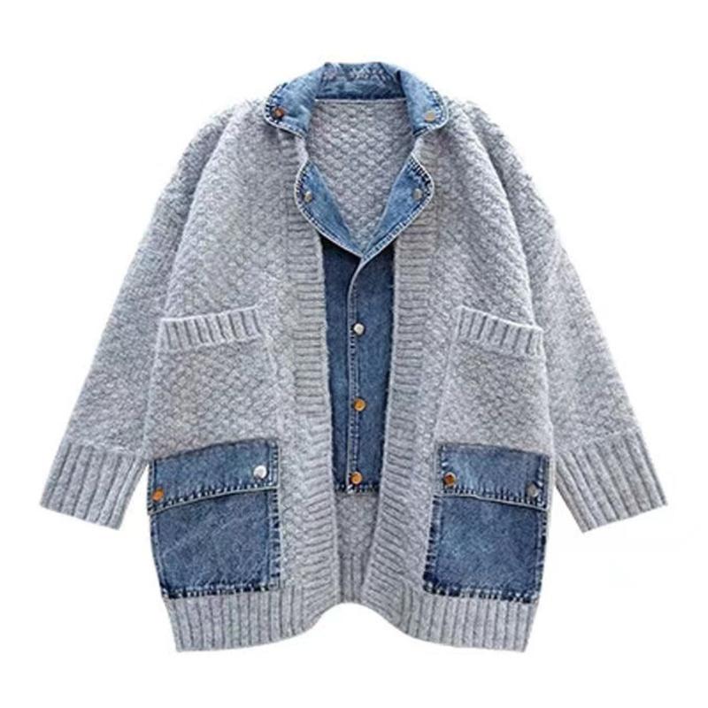 Fashion Casual Denim Spliced Long Sleeve Knitted Cardigan Loose Thick Women Sweater Coats Winter Autumn