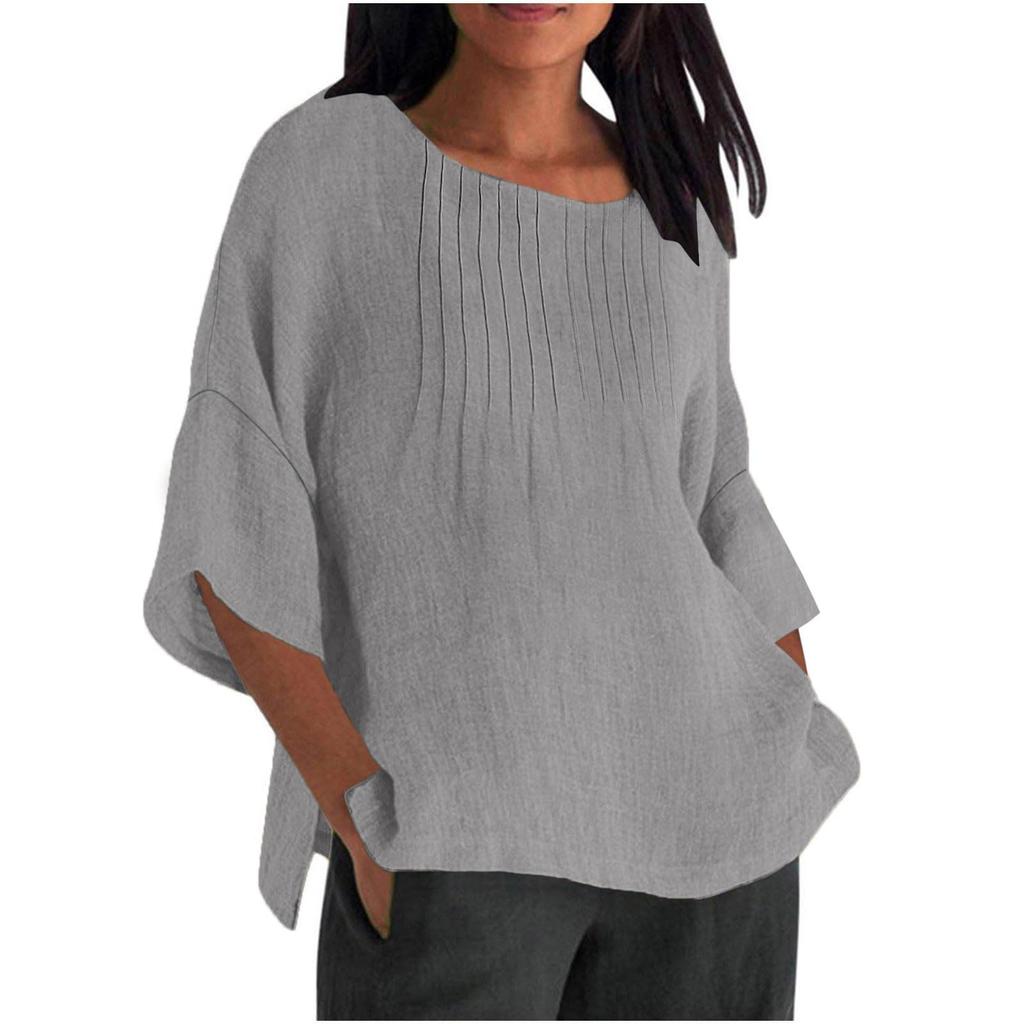 Seven Quarter Sleeve Pleated Round Neck Top Cotton and Linen Women’s Blouses & Shirts