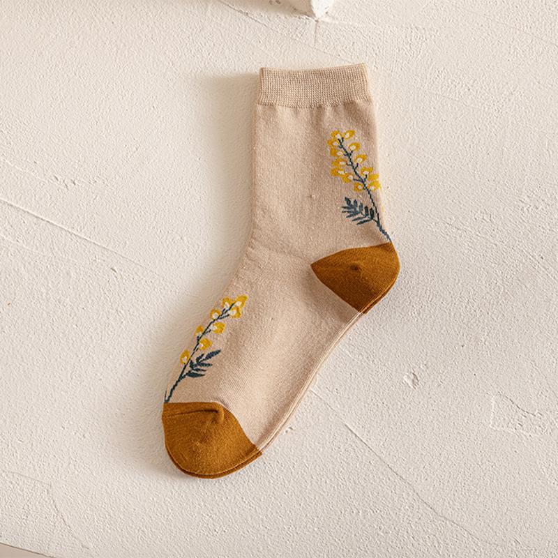 Vintage Floral Print Middle Tube Socks For Women Soft Cotton Autumn Spring Harajuku Japanese Socks Female Girl Casual Long Sock
