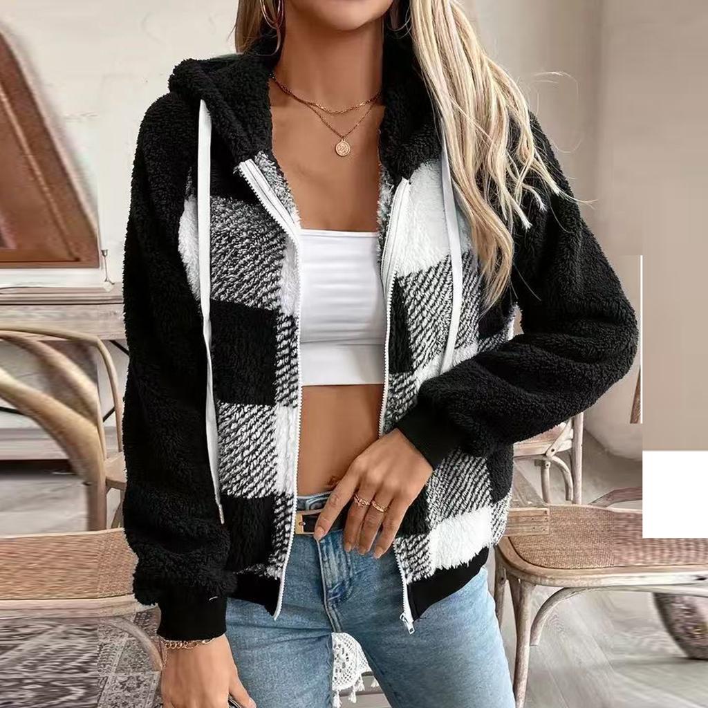 Women's Fashion Plaid Loose Casual Long Sleeve Hooded Fleece Cardigan Zipper Jacket