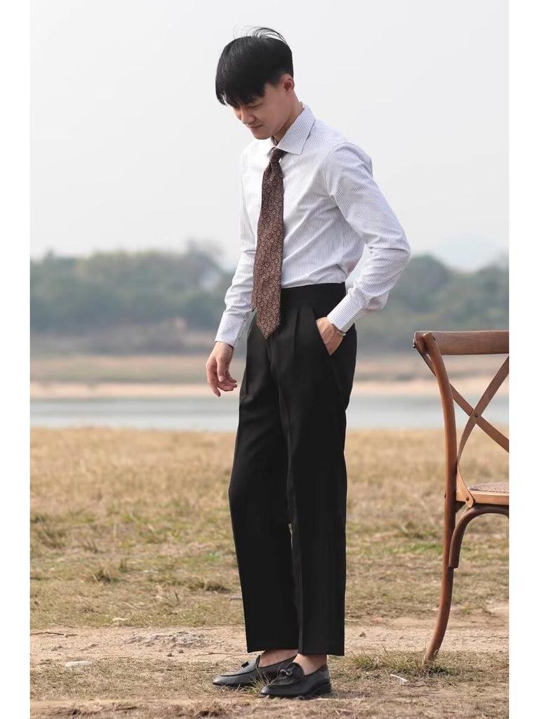 Italian Naples High-Waist Men's Straight-Leg Pants - Trendy, Comfortable, Breathable with Paris Buckle