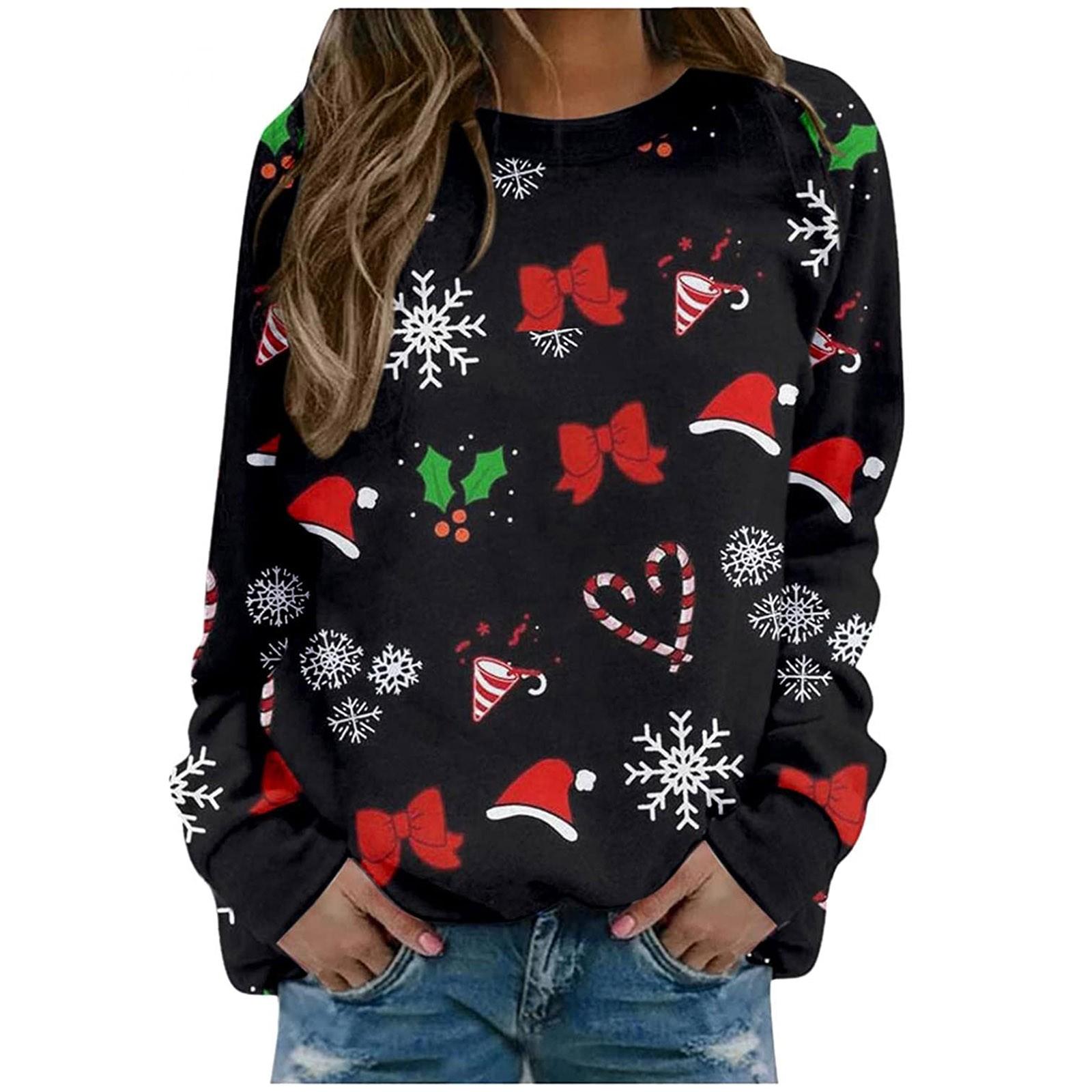 Fashion Women Christmas Print Party Round Neck Long Sleeve Socket Head Tops XXL чёрный
