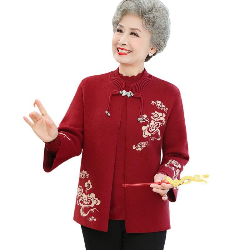 Elderly autumn clothing female grandmother knitted spring and autumn coat middle-aged and elderly mother festive knot wedding dress set