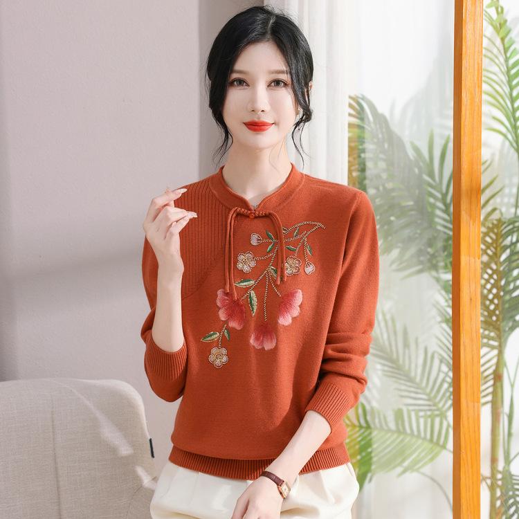 New Chinese Style Autumn and Winter Thick Sweater New Style Cheongsam Collar Knitted Shirt Chinese Style Base Shirt
