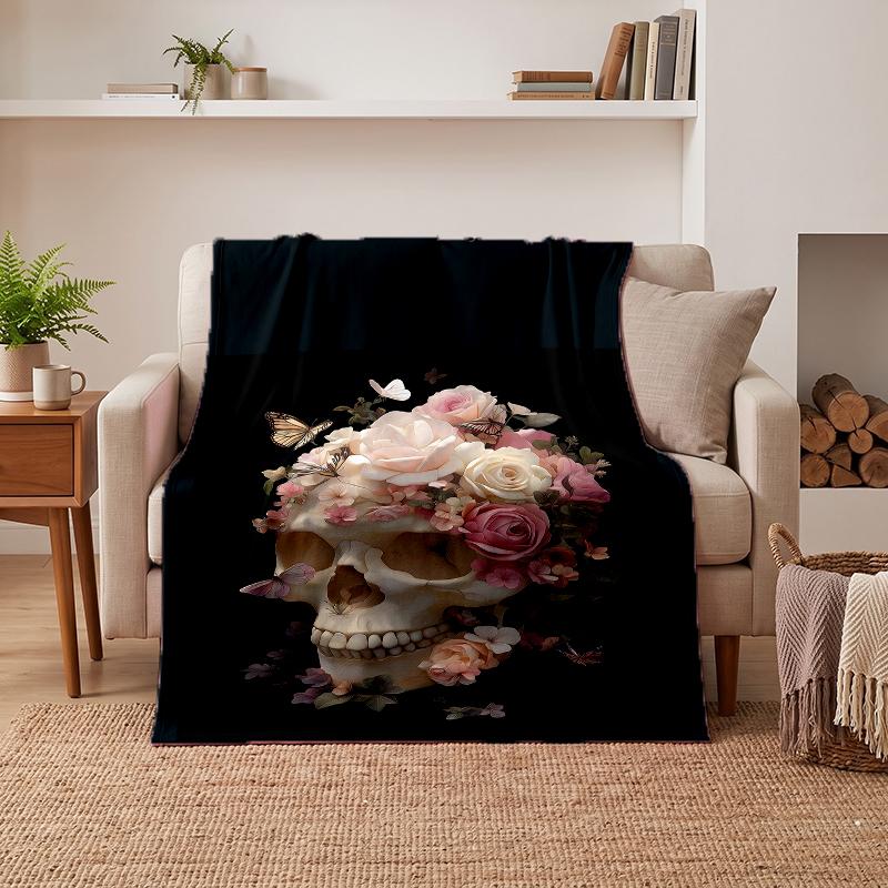 Flowers Skull Soft Warm Flannel Blankets Comfortable Blanket for Home Decoration Gifting