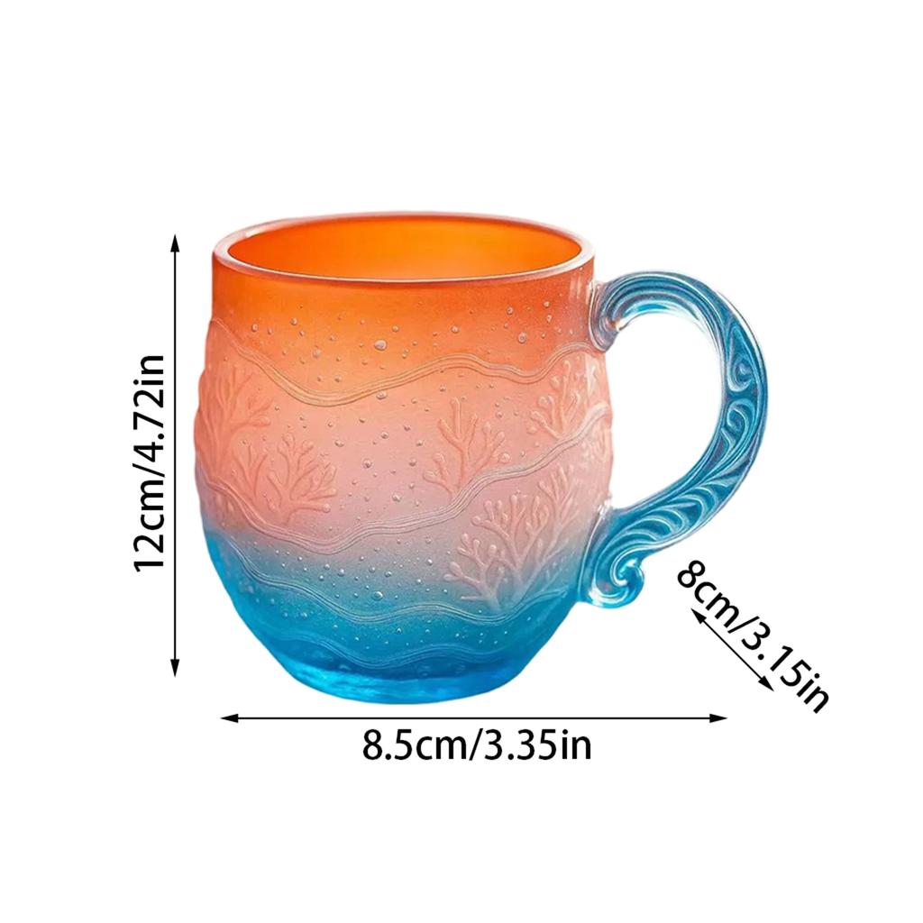 Einzigartiger Wasserbecher, Sonnenuntergangs-Becher aus Meeresglas, 350 ml handgeblasener Becher aus Meereswellenglas, strukturierte Meereswellen-Design