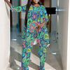 Women Plus Size Coordinated Two Piece Set Round Neck Three Quarter Sleeve Irregular Hem Top Printed Wide Leg Pants