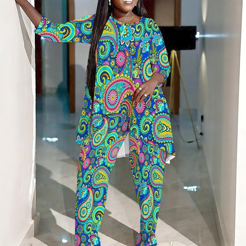 Women Plus Size Coordinated Two Piece Set Round Neck Three Quarter Sleeve Irregular Hem Top Printed Wide Leg Pants