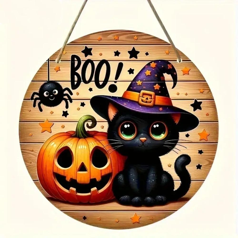 

2D Halloween Circular Wooden Sign - Wizard Hat Black Cat and Pumpkin Lantern Pattern, Home, Courtyard, Porch Decoration, Gifts 20x20cm оранжевый